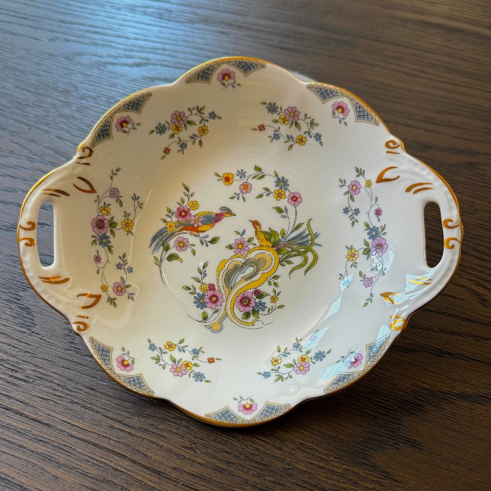 VINTAGE COALPORT ENGLAND PARADISE BONE CHINA HANDLES SERVICE DISH GOLD ACCENTS